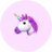 Cartoon unicorn head with a rainbow-colored mane and a small smile on a purple circular background.