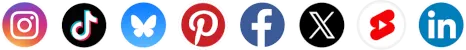Circular icons of social media platforms Instagram, TikTok, Pinterest, Facebook, X, YouTube Shorts, and LinkedIn in a row.